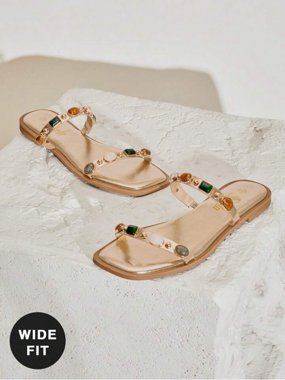 Forever 21 Tan Slide Sandals with Green & Gold Gem Accents. Exellent Condition - Picture 2 of 9